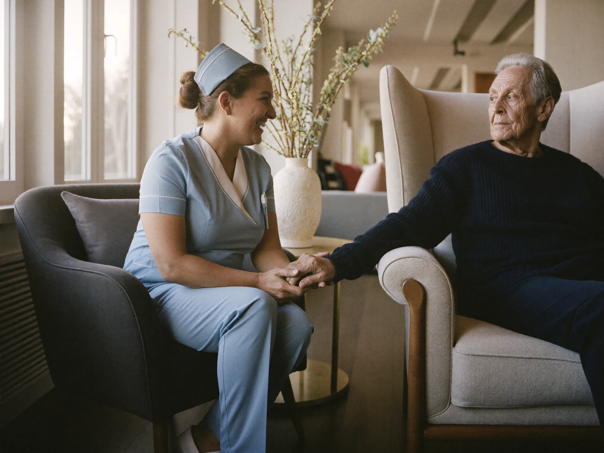 A registered nurse sharing a quiet moment with an elderly resident in a sunlit Australian aged-care lounge